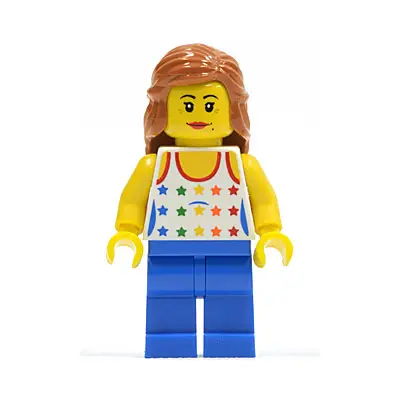  Shirt with Female Rainbow Stars Pattern, Blue Legs, Dark Orange Female Hair Mid-Length