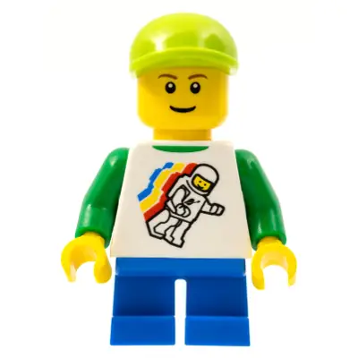  Classic Space Minifigure Floating Pattern, Blue Short Legs, Lime Short Bill Cap, Reddish Brown Eyebrows