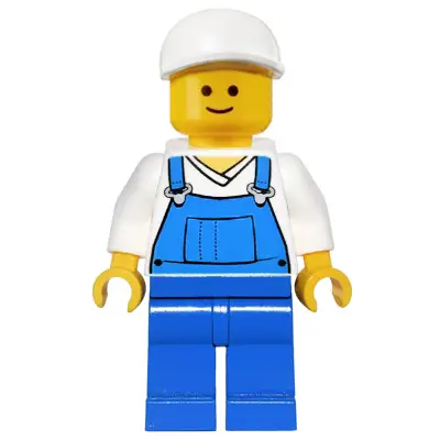  Overalls Blue over V-Neck Shirt, Blue Legs, White Short Bill Cap