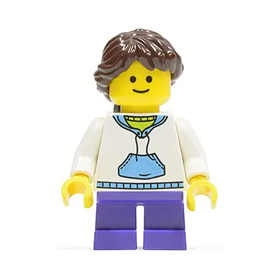  Child - Girl, White Hoodie with Medium Blue Pocket, Dark Purple Short Legs, Dark Brown Braided Ponytail