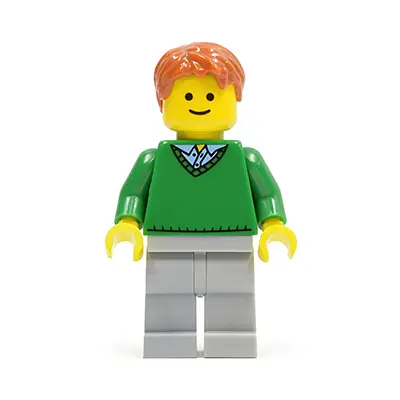  Green V-Neck Sweater, Light Bluish Gray Legs, Dark Orange Short Tousled Hair