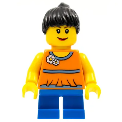  Orange Halter Top with Medium Blue Trim and Flowers Pattern, Blue Short Legs, Black Ponytail Hair