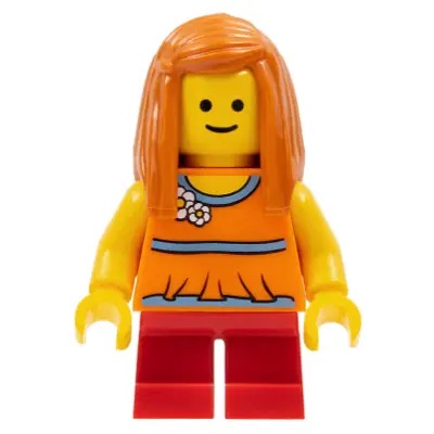  Child - Girl, Orange Halter Top with Flowers and Low Back, Red Short Legs, Dark Orange Long Hair