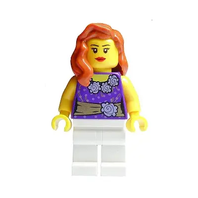  Female Dark Purple Blouse with Gold Sash and Flowers, White Legs, Red Lips