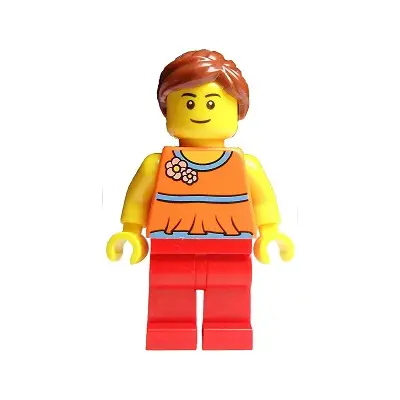  Orange Halter Top with Medium Blue Trim and Flowers Pattern, Red Legs, Reddish Brown Ponytail and Swept Sideways Fringe