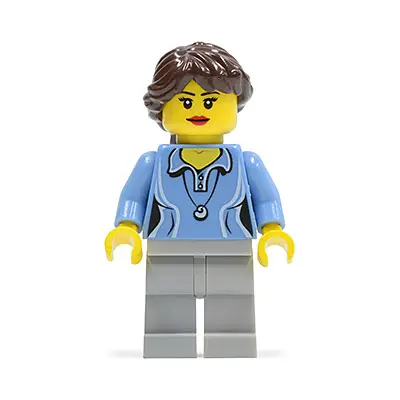  Medium Blue Female Shirt with Two Buttons and Shell Pendant, Light Bluish Gray Legs, Dark Brown Ponytail Long French Braided