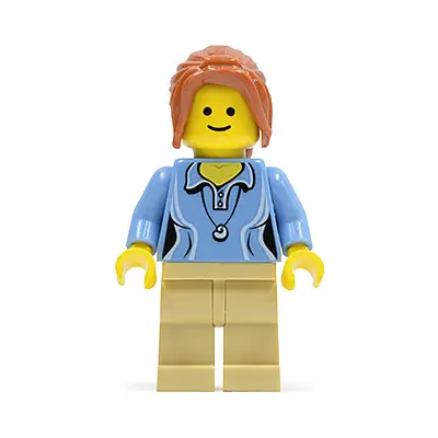  Medium Blue Female Shirt with Two Buttons and Shell Pendant, Tan Legs, Dark Orange Hair Ponytail Long with Side Bangs