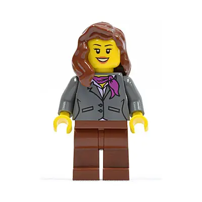  Dark Bluish Gray Jacket with Magenta Scarf, Reddish Brown Legs, Reddish Brown Female Hair over Shoulder