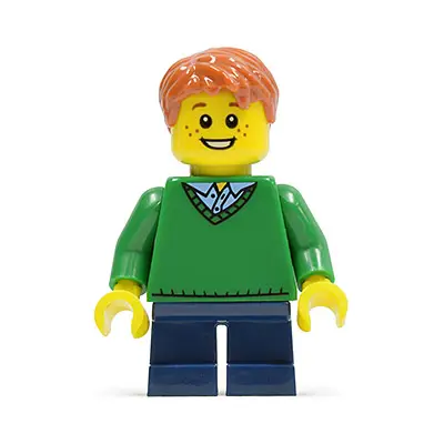  Boy, Green V-Neck Sweater, Dark Blue Short Legs