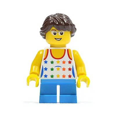  Shirt with Female Rainbow Stars Pattern, Dark Azure Short Legs, Glasses, Dark Brown Hair