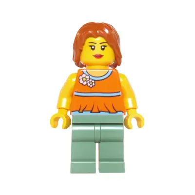  Orange Halter Top with Medium Blue Trim and Flowers Pattern, Sand Green Legs, Dark Orange Hair