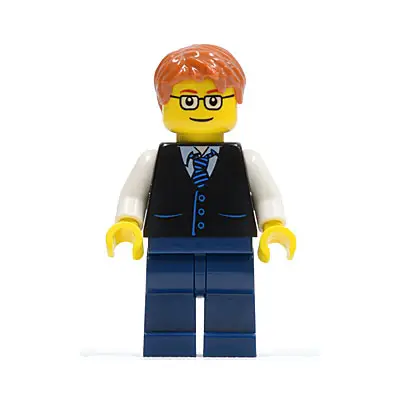  Black Vest with Blue Striped Tie, Dark Blue Legs, White Arms, Dark Orange Short Tousled Hair, Rectangular Glasses