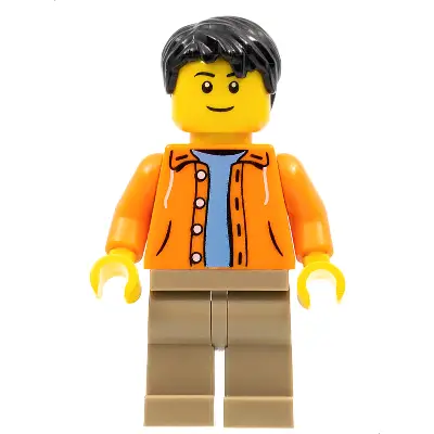  Orange Jacket with Hood over Light Blue Sweater, Dark Tan Legs, Black Short Tousled Hair