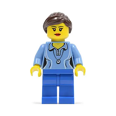  Medium Blue Female Shirt with Two Buttons and Shell Pendant, Blue Legs, Dark Brown Ponytail and Swept Sideways Fringe