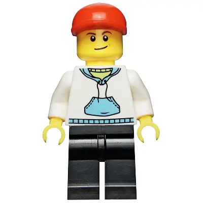  White Hoodie with Medium Blue Pocket, Black Legs, Red Short Bill Cap, Crooked Smile