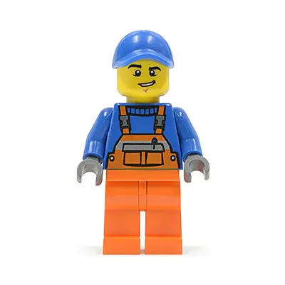  Overalls with Safety Stripe Orange, Orange Legs, Blue Cap with Hole, Lopsided Grin