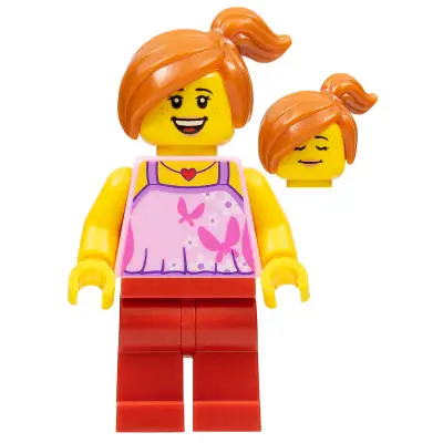  Child - Bright Pink Top with Butterflies and Flowers, Red Legs, Off-center Ponytail