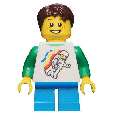  Classic Space Minifigure Floating Pattern, Dark Azure Short Legs, Dark Brown Short Tousled Hair
