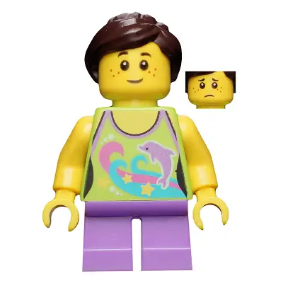  Girl, Dolphin Top, Short Medium Lavender Legs, Dark Brown Ponytail and Swept Sideways Fringe