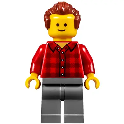  Music Store Assistant - Male, Red Plaid Flannel Shirt, Dark Bluish Gray Legs, Reddish Brown Hair