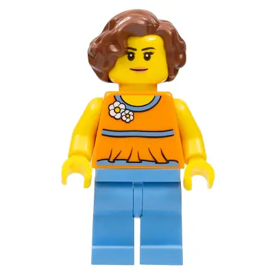  Orange Halter Top with Medium Blue Trim and Flowers Pattern, Medium Blue Legs, Reddish Brown Hair Short Wavy