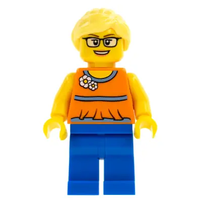  Orange Halter Top with Medium Blue Trim and Flowers Pattern, Blue Legs, Bright Light Yellow Ponytail and Swept Sideways Fringe