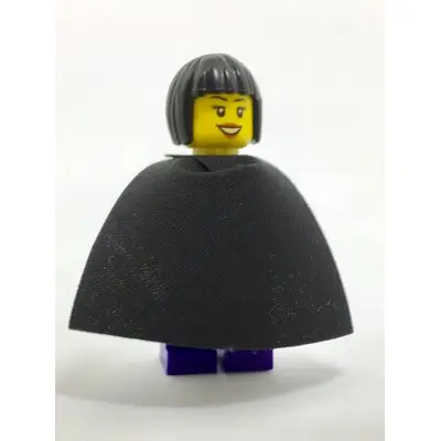  Female Dark Purple Blouse with Gold Sash and Flowers, Dark Purple Legs, Black Bob Cut Hair, Cape