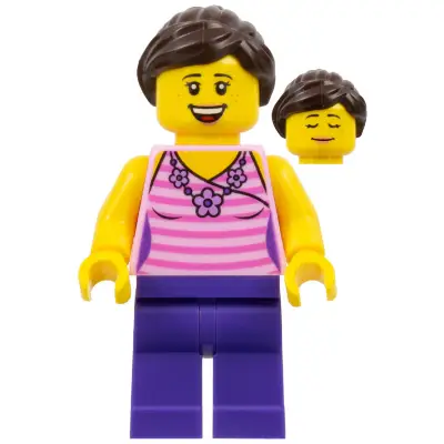  Female, Dark Pink Striped Top, Dark Purple Legs, Dark Brown Hair Ponytail and Swept Sideways Fringe