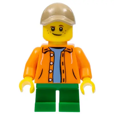  Boy, Orange Jacket with Hood over Light Blue Sweater, Green Short Legs, Dark Tan Cap with Hole
