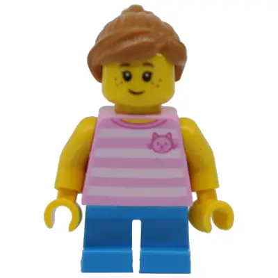  Child - Girl, Bright Pink Striped Shirt with Cat Head, Dark Azure Short Legs, Medium Nougat Ponytail, Freckles