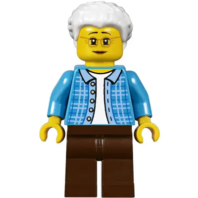  Grandma, Dark Azure Plaid Jacket with Collar, Dark Brown Legs and White Hair