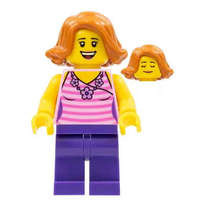  Woman, Striped Pink Shirt with Flower Necklace, Dark Purple Legs, Dark Orange Female Hair Short Swept Sideways