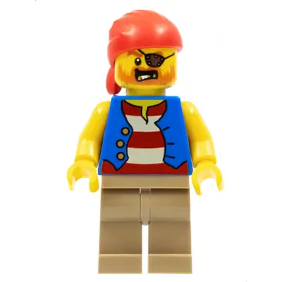 Pirate Man, Striped Red and White Shirt Under Blue Vest, Red Bandana, Left Eye Patch and 3 Gold Teeth, Dark Tan Legs