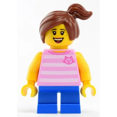  Child - Girl, Bright Pink Striped Shirt with Cat Head, Blue Short Legs, Reddish Off-center Ponytail, Freckles
