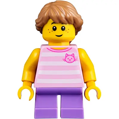  Child - Girl, Bright Pink Striped Shirt with Cat Head, Medium Lavender Short Legs, Medium Nougat Braided Hair