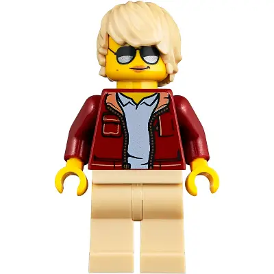  Woman, Dark Red Jacket with Bright Light Blue Shirt, Tan Legs, Tan Tousled Hair, Sunglasses