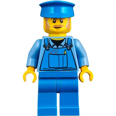  Mechanic - Male, Blue Overalls over Medium Blue Shirt, Blue Legs, Blue Police Hat, Dark Tan Moustache and Sideburns, No Back Print