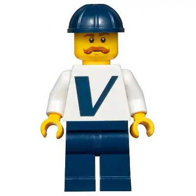  Male with Vestas Logo on Torso, Dark Blue Legs, Dark Blue Construction Helmet, Moustache
