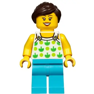  Female, White Halter Top with Green Apples and Lime Spots, Medium Azure Legs, Dark Brown Ponytail