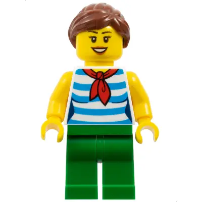  Fairground Carousel Rider - Female, Dark Azure and White Striped Shirt with Red Scarf, Green Legs, Reddish Brown Ponytail