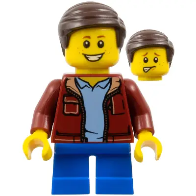  Child - Boy, Dark Red Jacket, Blue Short Legs, Dark Brown Hair, Freckles