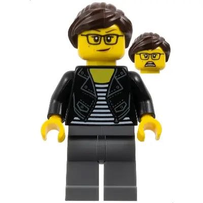  Female with Striped Black and White Shirt, Black Jacket, Dark Bluish Gray Legs, Dark Brown Hair