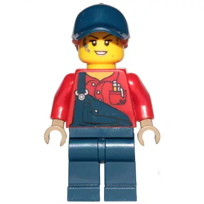  Female Mechanic with Dark Blue Overalls and Legs, Dark Orange Ponytail with Dark Blue Ball Cap