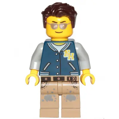  Male Driver with Dark Blue Jacket, Dark Tan Legs with Dark Bluish Gray Splotches, Dark Brown Hair