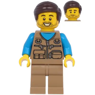  Male with Dark Tan Vest Over Dark Azure Shirt, Dark Tan Legs, Dark Brown Hair