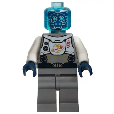  Cyber Drone Robot - Flat Silver Spacesuit with Harness and White Panel with Classic Space Logo, Trans-Light Blue Head