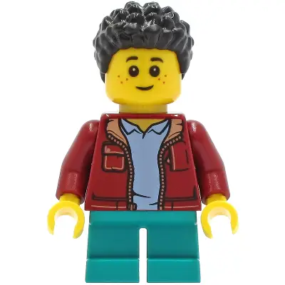  Child - Boy, Dark Red Jacket, Dark Turquoise Short Legs, Black Short Coiled Hair, Freckles