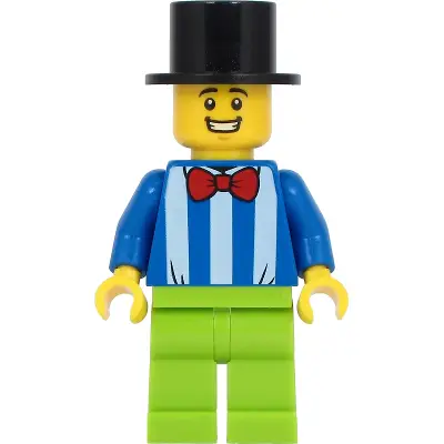 Fairground Worker - Male, White Stripes and Red Bow Tie, Lime Legs, Black Top Hat