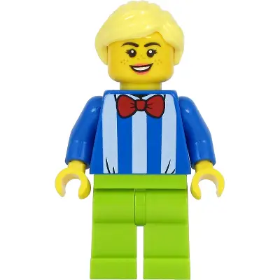  Fairground Worker - Female, White Stripes and Red Bow Tie, Lime Legs, Bright Light Yellow Hair