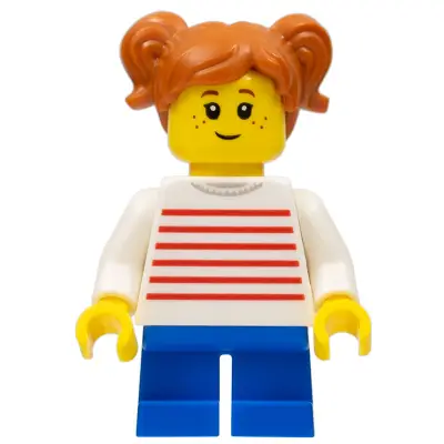  Child - Girl, White Sweater with Red Horizontal Stripes, Blue Short Legs, Dark Orange Hair with Pigtails, Freckles